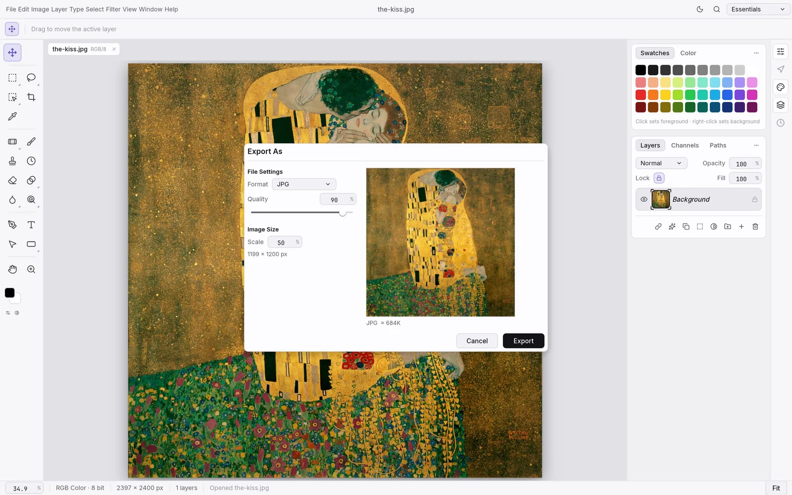 PhotoCraft light interface showing the Export As dialog for The Kiss